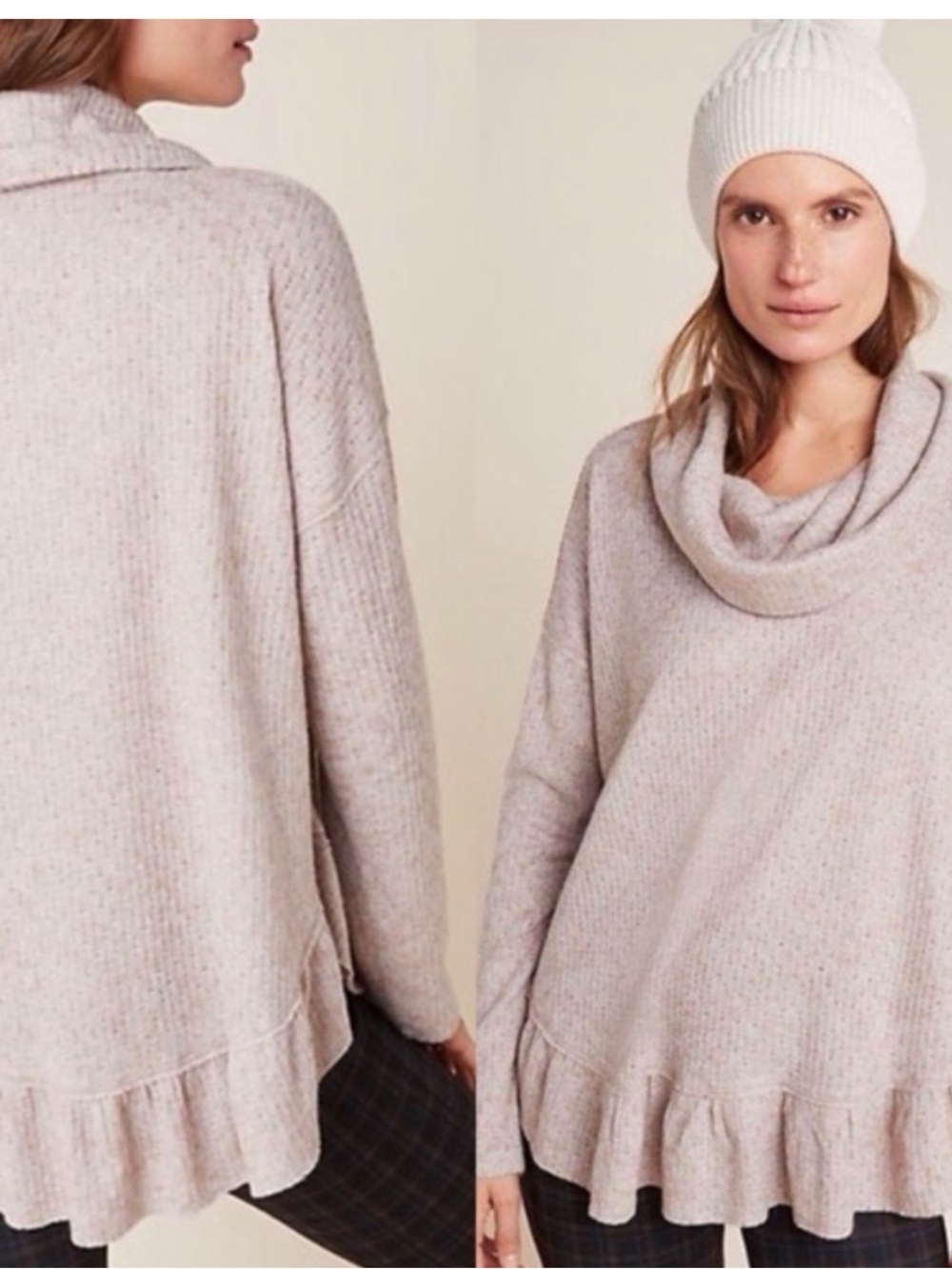 Maeve Cozy‎ Ruffle-Hem Cowl Neck Sweater - Light Tan size medium